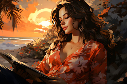 Beautiful woman reading a book on a tropical beach at sunset