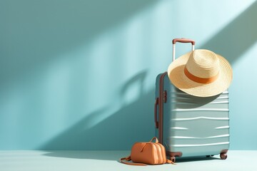 Generative AI : One straw hat sunglasses one luggage, summer flat lay isolated on pastel blue background