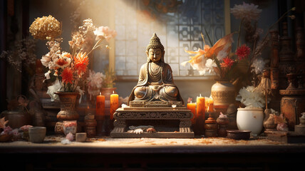 Altars or shrines adorned with significant objects for meditation showcase their exquisite beauty