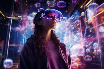 Aufkleber - Generative AI : Woman in virtual reality goggle in neon colors.