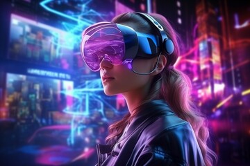Aufkleber - Generative AI : Woman in virtual reality goggle in neon colors.