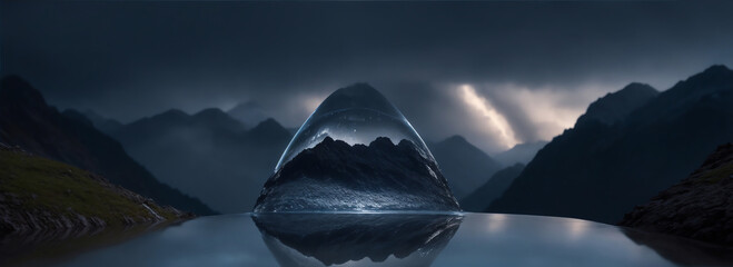 Wall Mural - View from a droplet of water in the rain on a mountain range bacakground on night from Generative AI