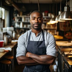 Wall Mural - Portrait of man african american chef in grey apron standing at restaurant kitchen with crossed arms