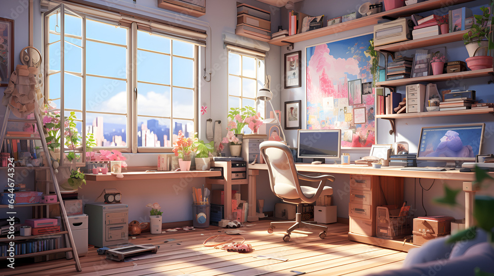 lofi living room with study table, anime style Stock Illustration ...