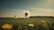 Showcase the resilience and simplicity of a single dandelion standing tall in a vast field