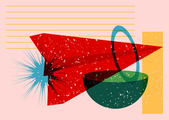 Poster - Paper Airplane with colorful geometric shapes. Object in trendy riso graph design. Geometry elements abstract risograph print texture style.