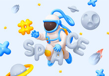 Astronaut In Realistic 3d Plastic Cartoon Style. Cosmonaut In A Spacesuit Flying In Space Background Of Planets And Meteorites And Comets. Spaceman Vector Illustration