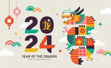 2024 Chinese New Year, Year Of The Dragon. Chinese Zodiac Dragon In Geometric Flat Modern Style. Chinese Translation: Dragon