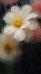 Wall Mural - Background of blooming flowers in front of glass with water drops Stock Photo.