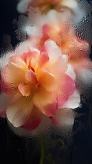 Wall Mural - Background of blooming flowers in front of glass with water drops Stock Photo.