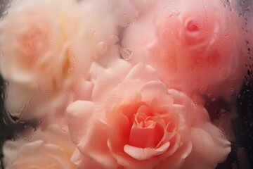 Wall Mural - Background of blooming flowers in front of glass with water drops Stock Photo.