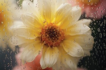 Wall Mural - Background of blooming flowers in front of glass with water drops Stock Photo.