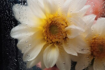 Wall Mural - Background of blooming flowers in front of glass with water drops Stock Photo.