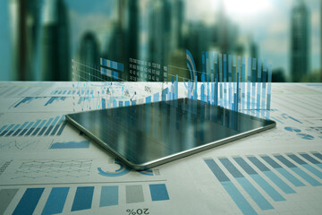 Poster - tablet analyzing data and economic growth graph chart Diagrams projecting city background charts, graphs, and financial statistics IoT Digital marketing