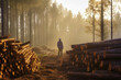 A lumberjack walks through a pine forest in the early morning.