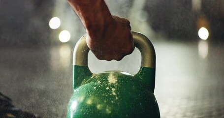 Sticker - Fitness, training and closeup of hand on kettlebell for weightlifting exercise in a gym. Strength, health and zoom of sports athlete body builder with weight equipment for muscle workout or exercise.