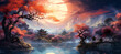 wallpaper of an oriental setting with mountains, in the style of anime art, sparkling water reflections, Colorful Painting of clouds and water, spiritual landscape, zen-inspired.
