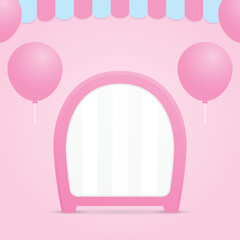 Wall Mural - cute kawaii pink signboard with awning and balloons 3d illustration vector