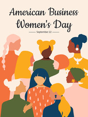 Wall Mural - American Business Women's Day. September 22nd. Vertical contemporary pink banner with women of different nationalities. 