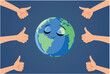 People Appreciating their Home Planet Earth Vector Concept Illustration. Humans giving thumbs up top their home planet 
