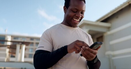 Poster - Happy black man, phone and communication in social media, research or outdoor networking in city. Excited African male person smile for online chatting, browsing or texting on mobile smartphone app
