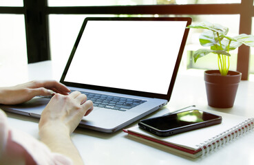 Poster - computer laptop screen blank mockup.hand woman work using laptop.white background for advertising,contact business search information on desk.marketing,design