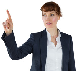Poster - Digital png photo of caucasian businesswoman pointing with finger on transparent background