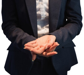 Poster - Digital png photo of hands of caucasian businesswoman on transparent background