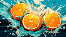 Illustration Of Orange And Ice Splashing Around, Pop Art, Generative AI