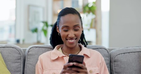 Canvas Print - Black woman, living room and laughing from phone text on social media with funny meme on a home sofa. African female person, couch and mobile web app with a smile online and message in a lounge