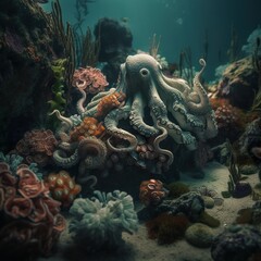 Wall Mural - Fantasy Creature On An Underwater Coral Reef. .Generative AI