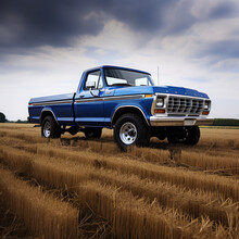 Blue Vintage Pickup In The Field