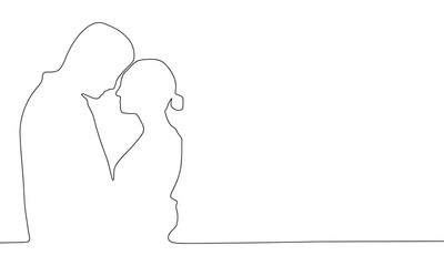 Wall Mural - Two people are kissing one line continuous banner. Line art couple concept banner. Outline vector illustration.