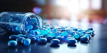 Blue medical pills and tablets spilling out of a drug bottle . Healthcare and Pharmaceuticals Concept . Pharmaceutical Industry Illustration