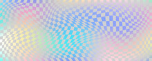 Checkerboard Wavy Pattern. Abstract Holographic Chessboard Vector Print. Y2k Psychedelic Optical Foil Grid. Swirl Rainbow Geometric Retro Design