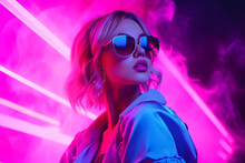 Portrait Of A Stylish Young Girl In Close-up, A Girl With Blonde Hair Wearing Glasses, Fashionable Clothes, A Jacket In Smoke Under Neon Lighting