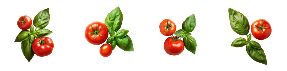 Poster - Tomato and basil leaf in close up viewed from above against a transparent background