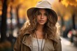 © Sergio - Autumn lifestyle, pretty caucasian young woman wearing stylish clothes in park at daytime looking at camera, model in hat and coat