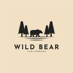 Wall Mural - Wild bear logo design vintage retro  with pine tree