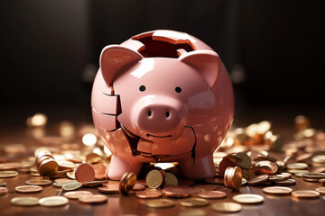 Financial crisis, broken piggy bank depicting bankruptcy, loss of investment and the economic stress.