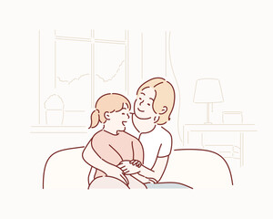 mother and cute pretty daughter kid home. hand drawn style vector design illustrations.