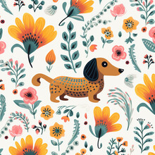 Image Of Pattern Design Using Dachshund Dog And Flowers And Leaves. Pet. Animals. Illustration, Generative AI.
