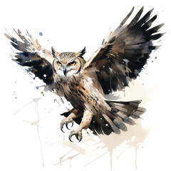 Wall Mural - Image of painting owl is flying on white background. Birds. Wildlife Animals. Illustration, Generative AI.