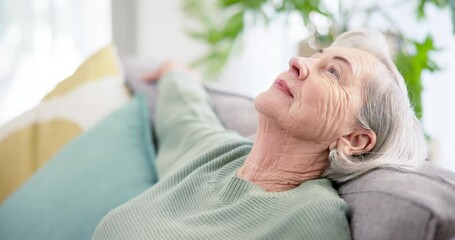 Poster - Senior woman, couch and breathe to relax, calm nap and comfortable break in retirement at home. Tired elderly lady sleeping for rest, mental health and freedom of peace, happiness or daydream on sofa