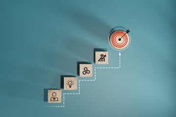 Wall Mural - woods block step on table with icon action plan, goal and target, success and business target concep