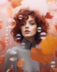 beautiful portrait of brunette woman posing in an autumn setting surrounded by smoke leaves bubbles flowers. fall season fashion outfit and style. copy space text or greeting card. Muted pastel colors