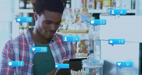 Poster - Animation of icons, changing numbers in notification bars, african american man using digital tablet