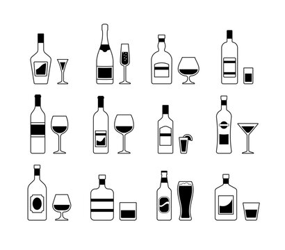 Alcohol bottles and glasses collection. Black and white banner in line art style. Linear icons of beverages in flat design background. Vector illustration.