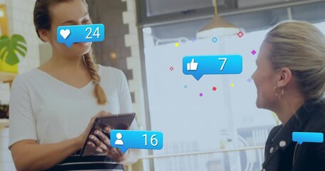 Poster - Animation of notification bars, caucasian waitress with digital tablet taking order from customer