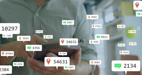 Poster - Animation of changing numbers, icon in notification bars, caucasian man using digital tablet